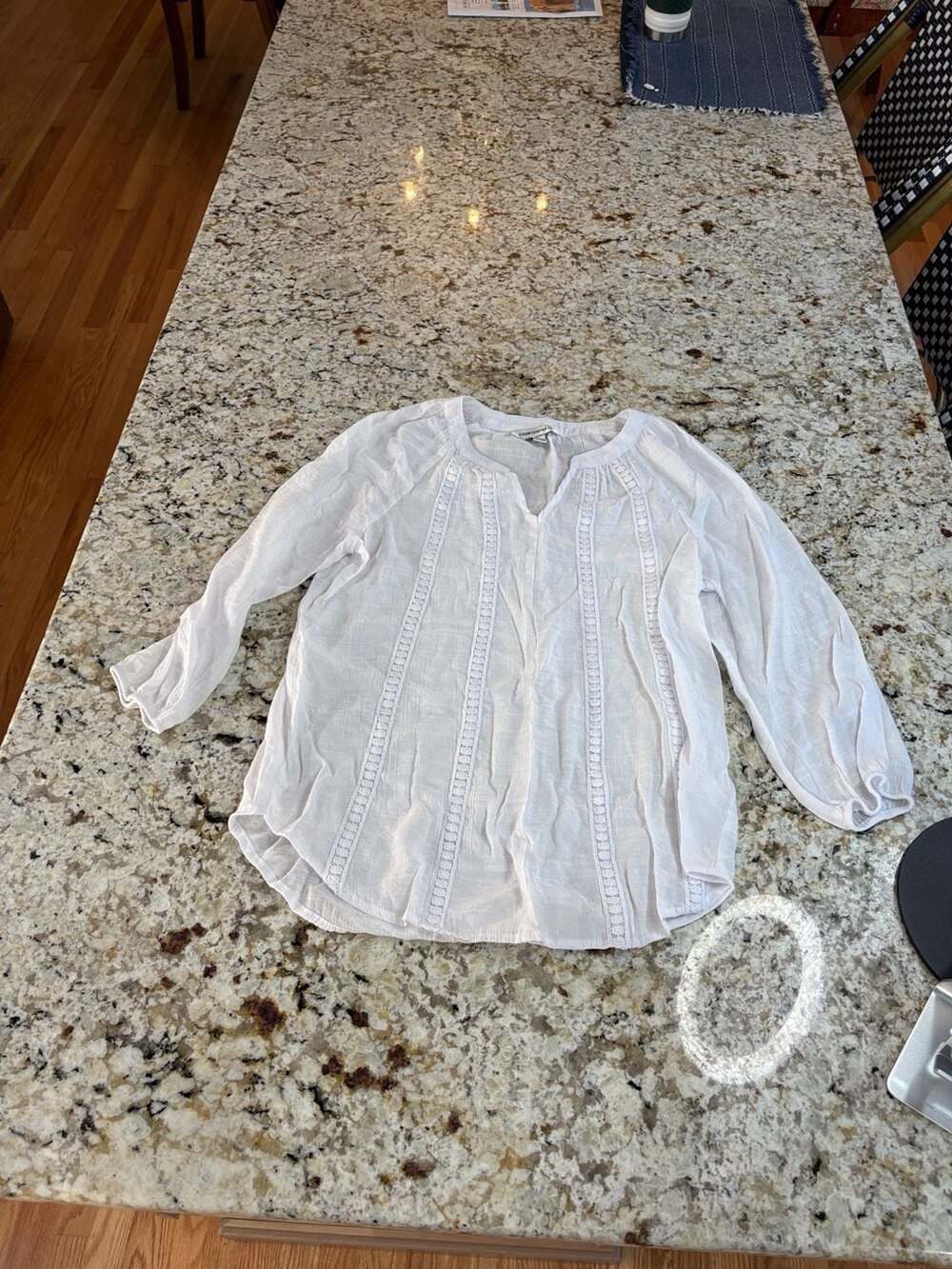 Counterparts Blouse Size S White Crochet Trim Long Sleeve V-Neck
